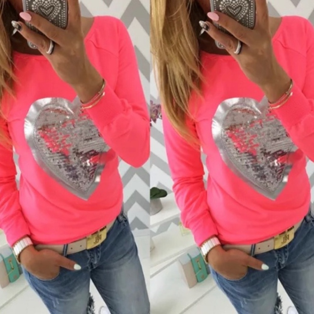 Awesome neon long-sleeves w. Silver sequin heart!